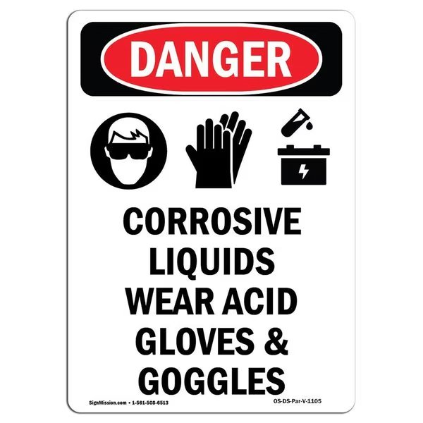 OSHA Danger Sign, Corrosive Liquids Wear, 5in X 3.5in Decal, 10PK, OS-DS-D-35-V-1105-10PK, Signmission, Mfr#: OS-DS-D-35-V-1105-10PK
